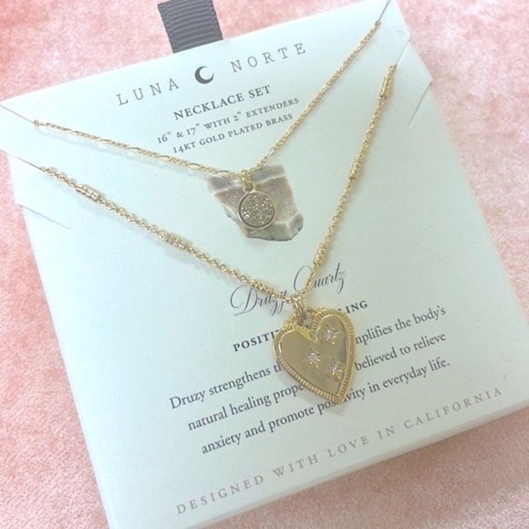 Brand New Luna Norte 14K Gold Plated Brass Druzy Quartz Two Piece Necklace Set - Picture 7 of 14